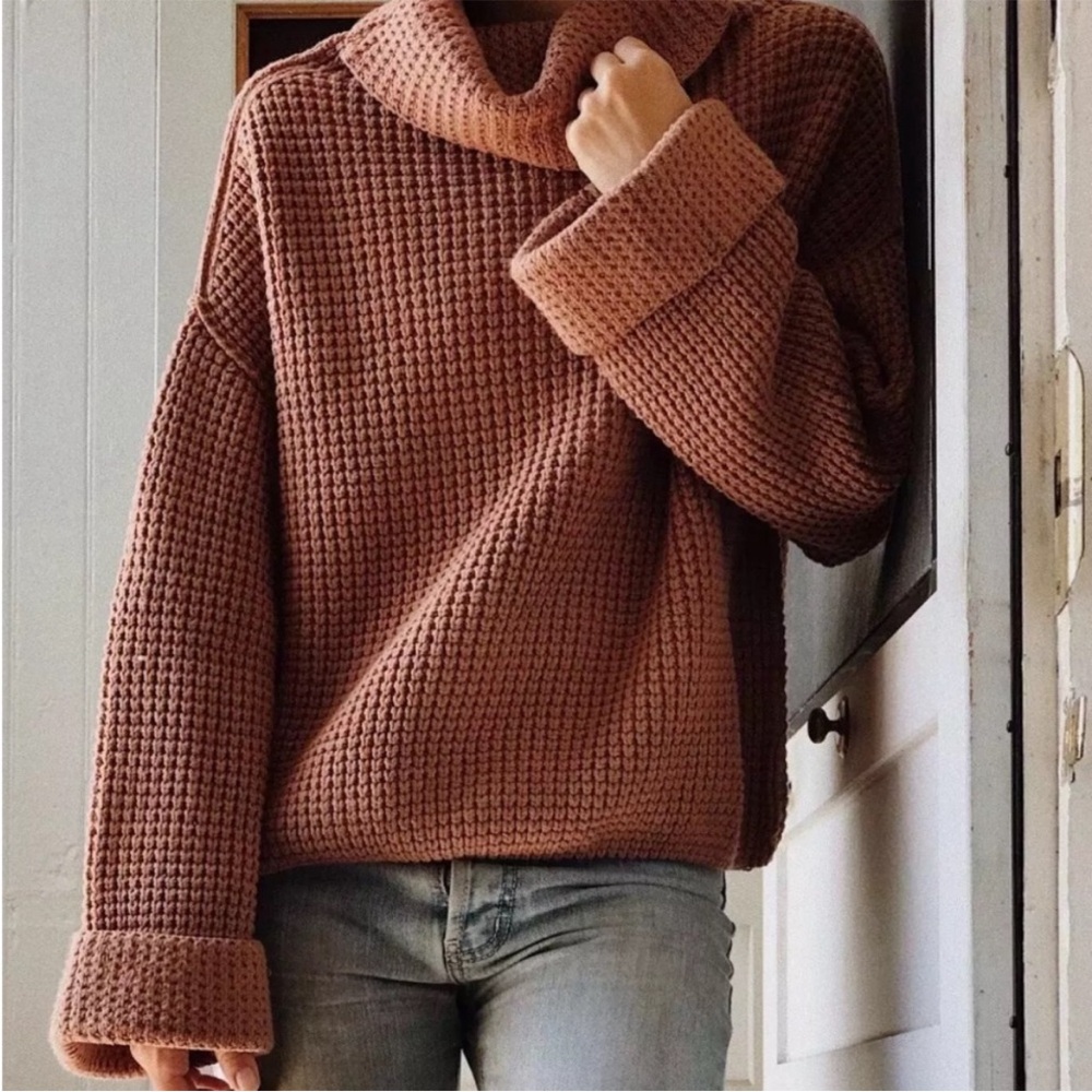Free People Park City Pullover Waffle Knit Sweater cowl neck turtleneck small - Picture 2 of 6